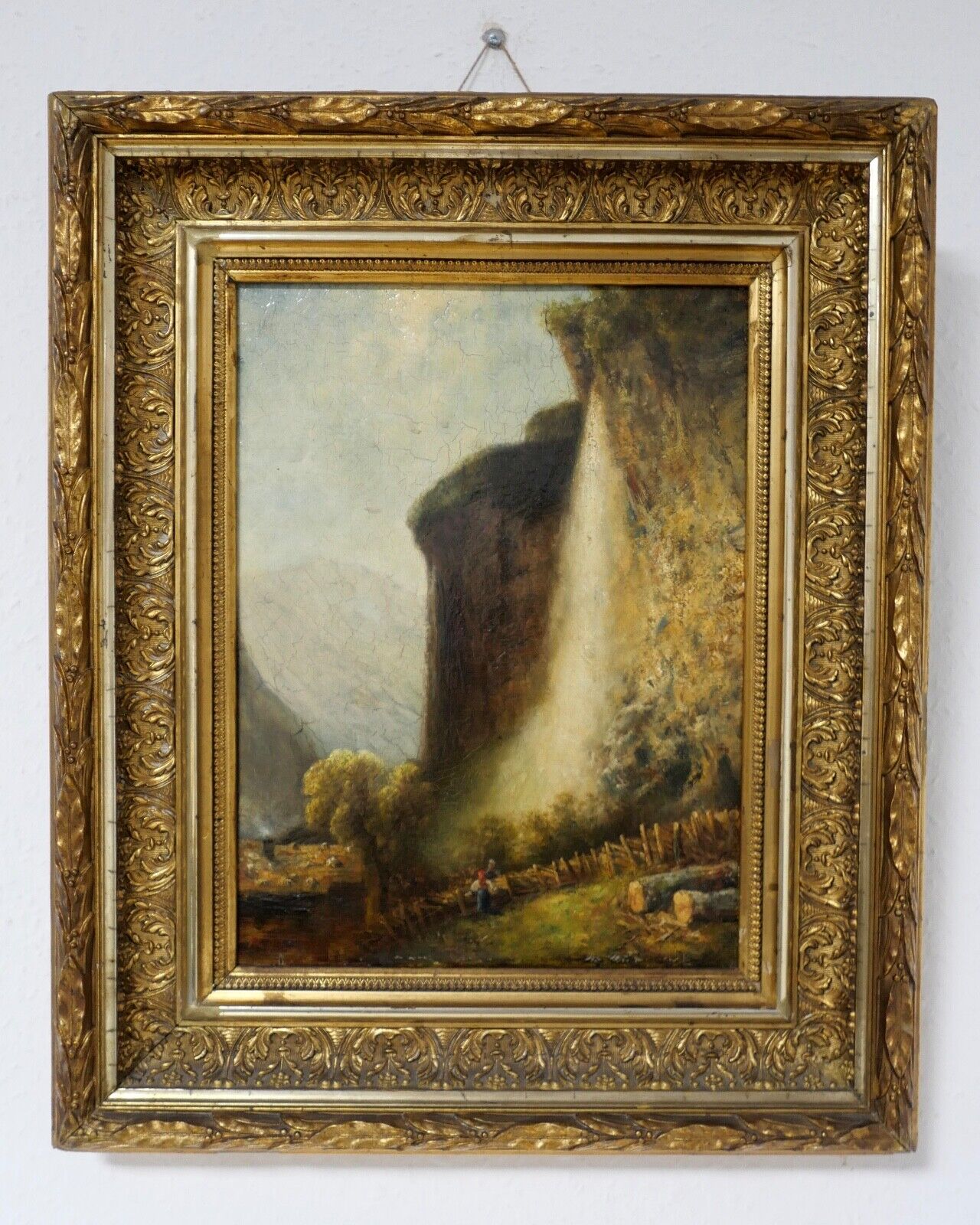 antikes Gemälde Berghütte Landschaft Öl Holz Prunkrahmen 51x42cm signiert R99