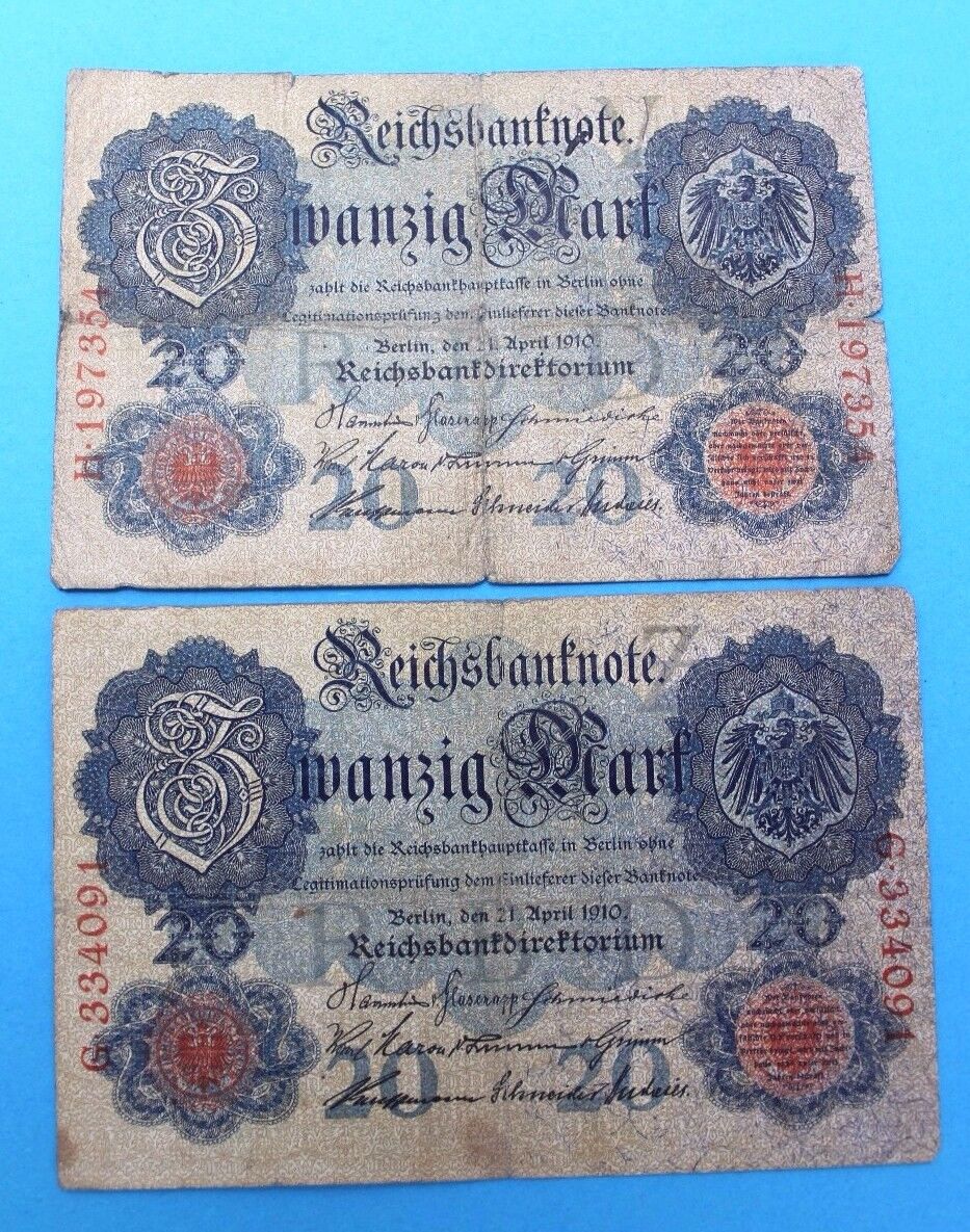 2 x Ro. 40a Banknote 20 Zwanzig Mark 1910 Reichsbanknote old bill  German  