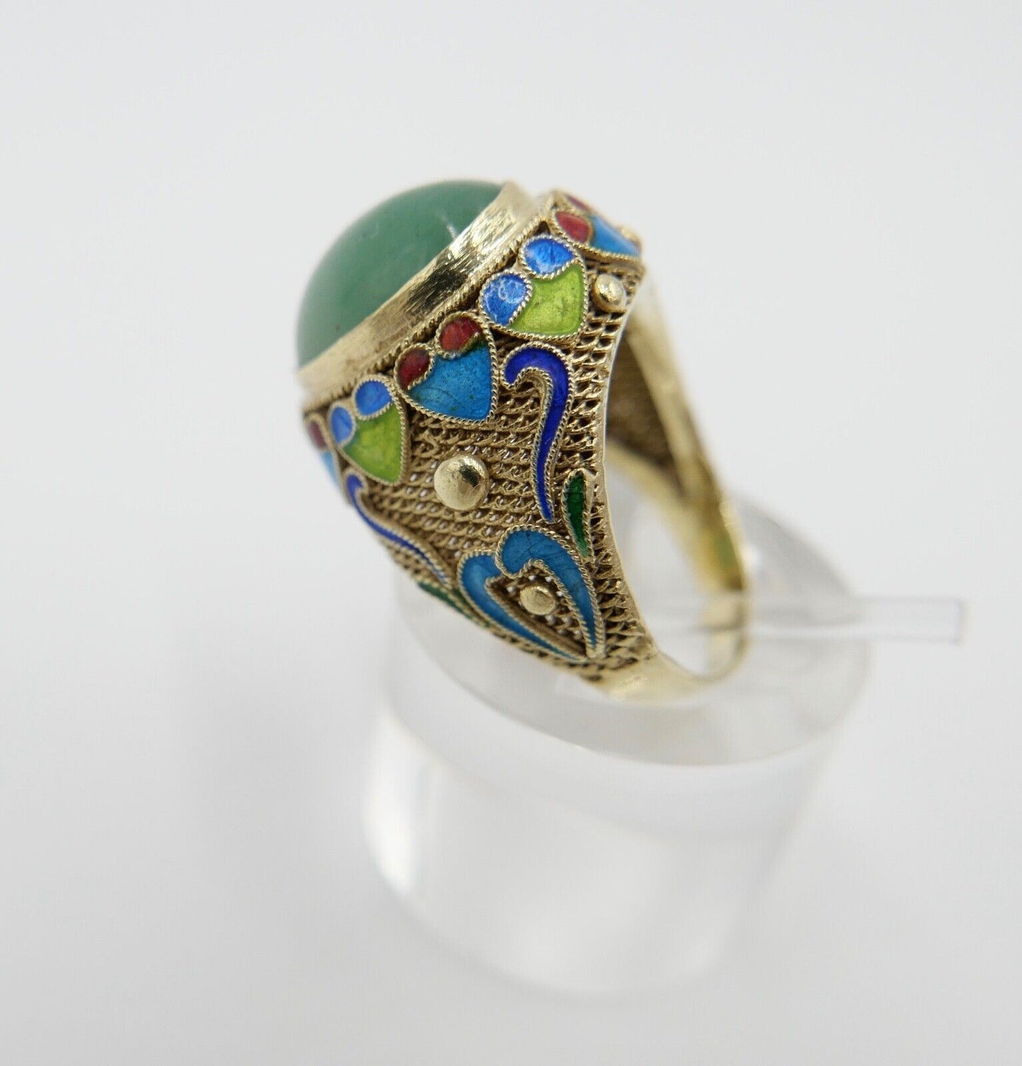 Alter Silber Ring China Silver Emaille & Jade Cabochon Email Gr. 51 vergoldet 