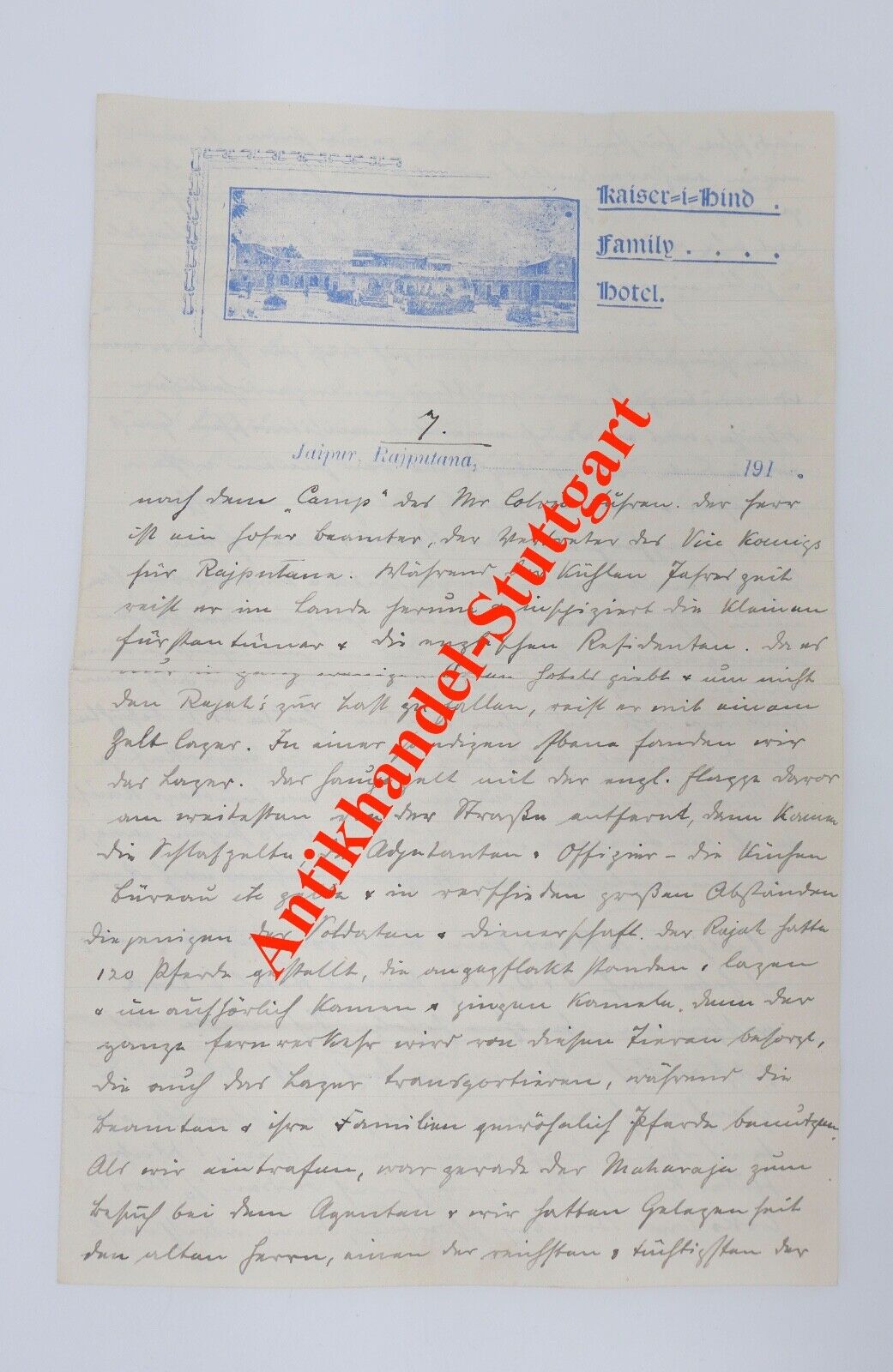 Alte Brief Telegramm Bericht KAISER BIND FAMILY HOTEL JAIPUR RAJASTHAN um 1910