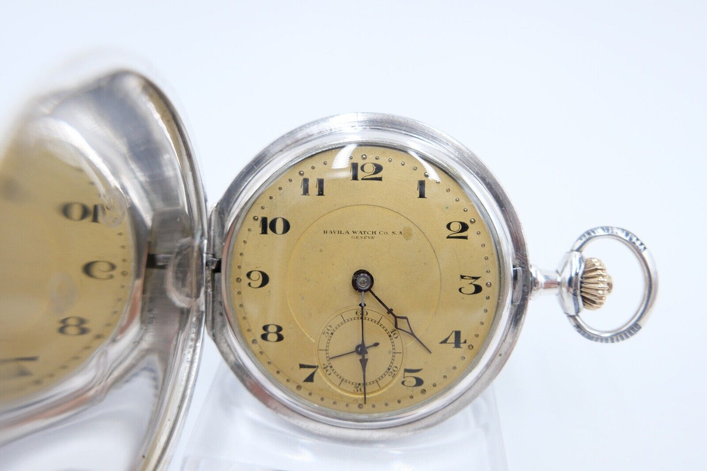 1901-1949 ART DECO SAVONETTE Taschenuhr HAVILA pocket watch Halbmond Krone Silbe