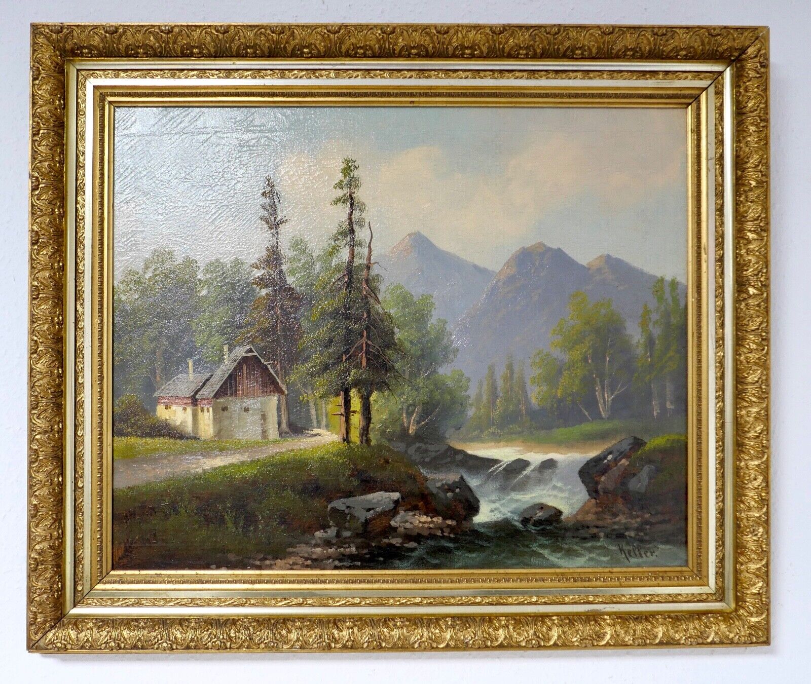 Gemälde Bach / Wald / Berg Landschaft Öl auf Leinwand Prunkrahmen 85x72cm KELLER