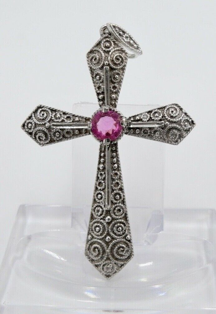 alter filigraner Kreuz Anhänger mit rosa Glasstein 835 Silber 62,0 mm