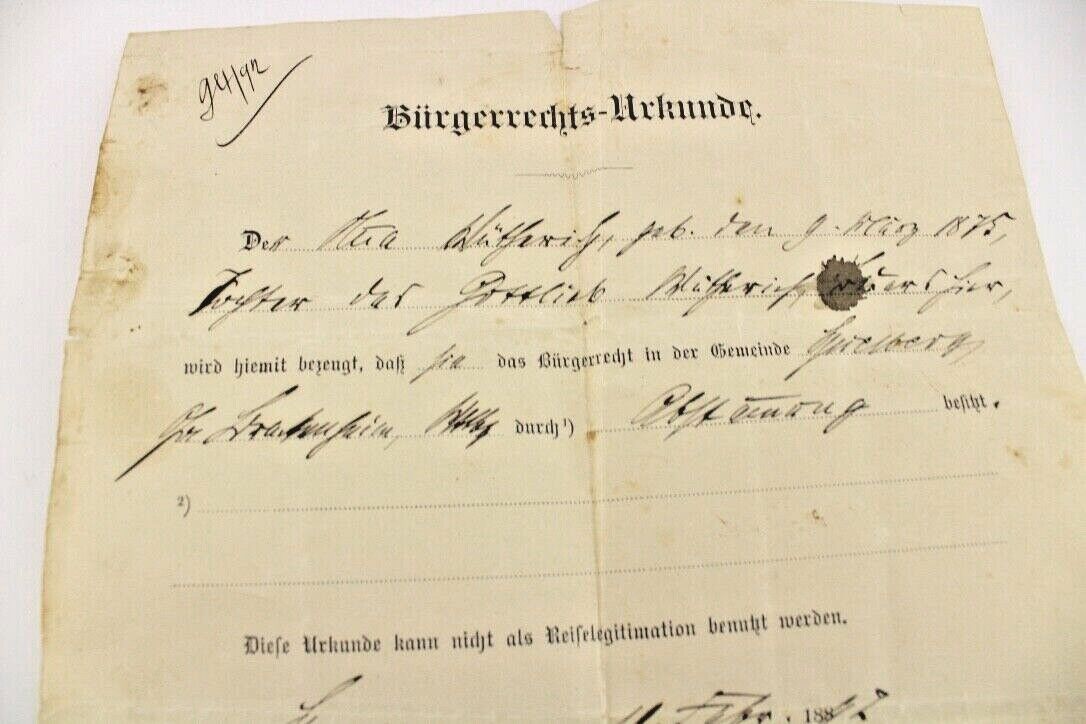 Bürgerrechts Urkunde 1892 Schultheissenamt Spielberg Civil rights certifi