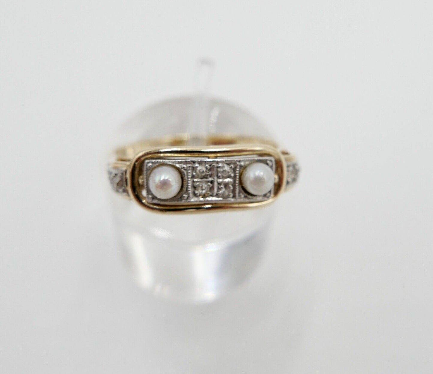 30er Jahre Art Deco Ring Gold 585 / 14K Gr. 60 mit Diamantenrosen & Perlen