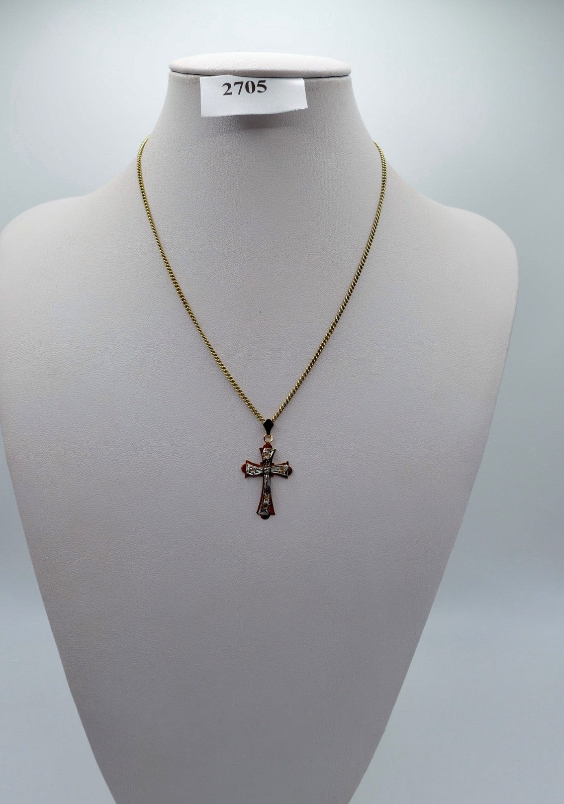 Antiker Kreuz Anhänger 585 Gold Gelbgold  / Weißgold Glassteine 14K
