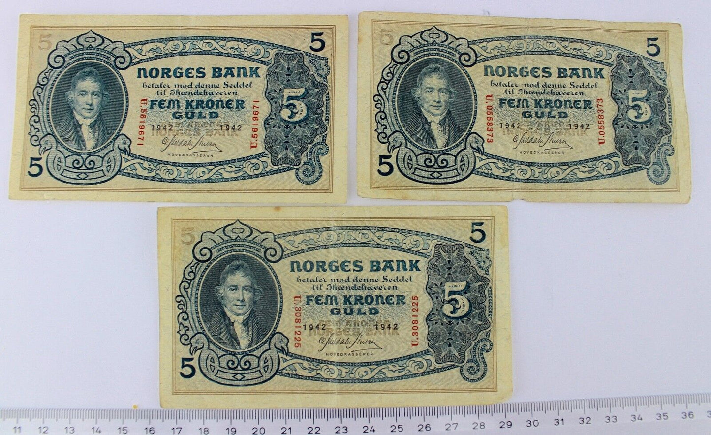 3x Banknote 5 KRONER 1942 Norwegen  old bill Norway Norges Bank FEM GULD