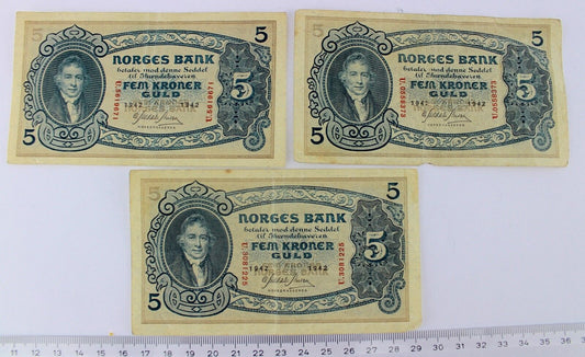 3x Banknote 5 KRONER 1942 Norwegen  old bill Norway Norges Bank FEM GULD