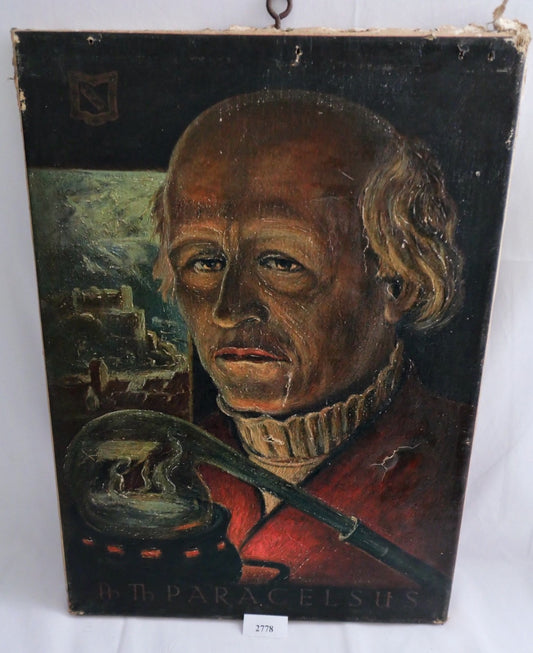 Antikes Porträt Ölgemälde Paracelsus auf Leinwand Alchemist Mediziner 45x33cm