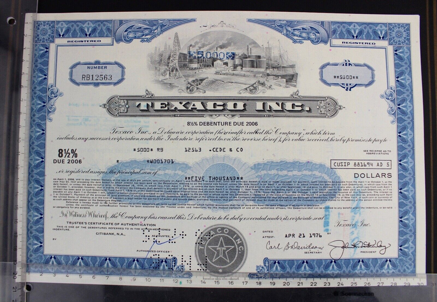 Texaco Inc 1976 alte USA Aktie Stock Certificate 5000 Dollars