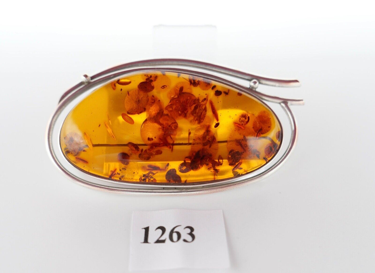 Große alter Bernstein Brosche versilbert Amber 8 cm 