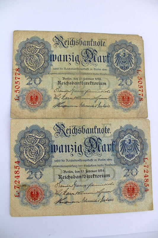 2 x Ro. 47a Banknote 20 Zwanzig Mark 1914 Reichsbanknote old bill  6 stellig 