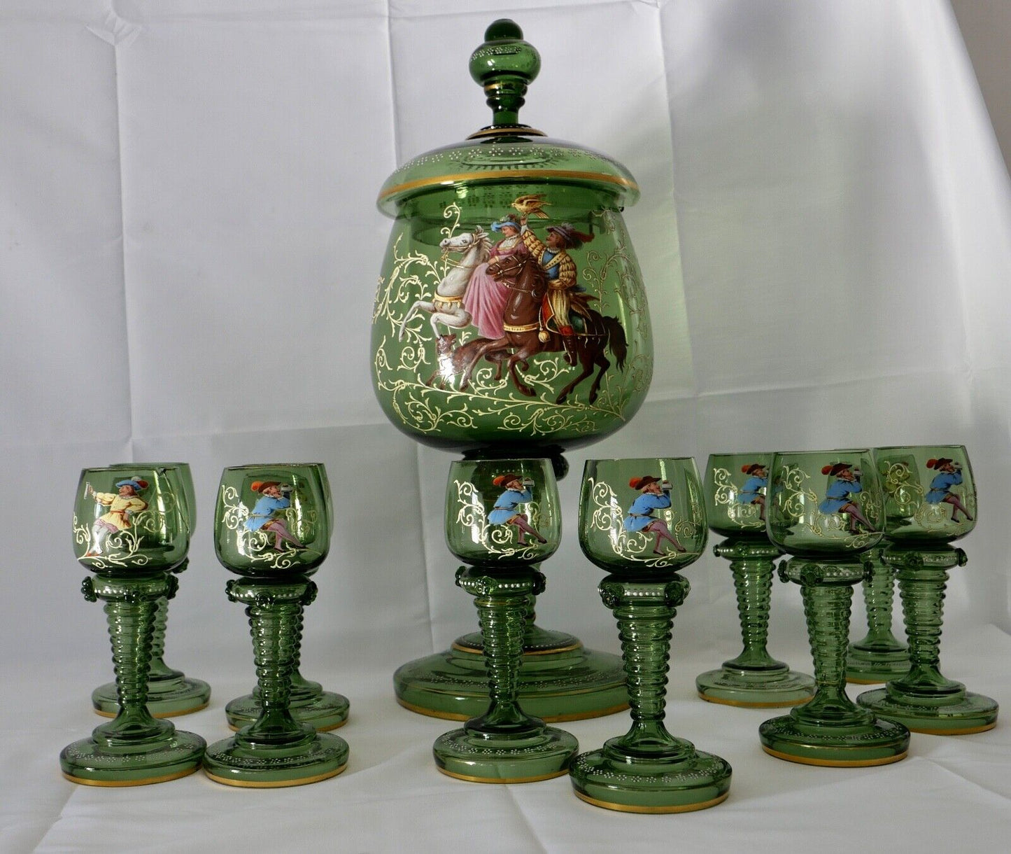 Antike Weinrömer Gläser Pokal XXL Bowle Set grün Emaille RAR Goldrand 53cm 1900