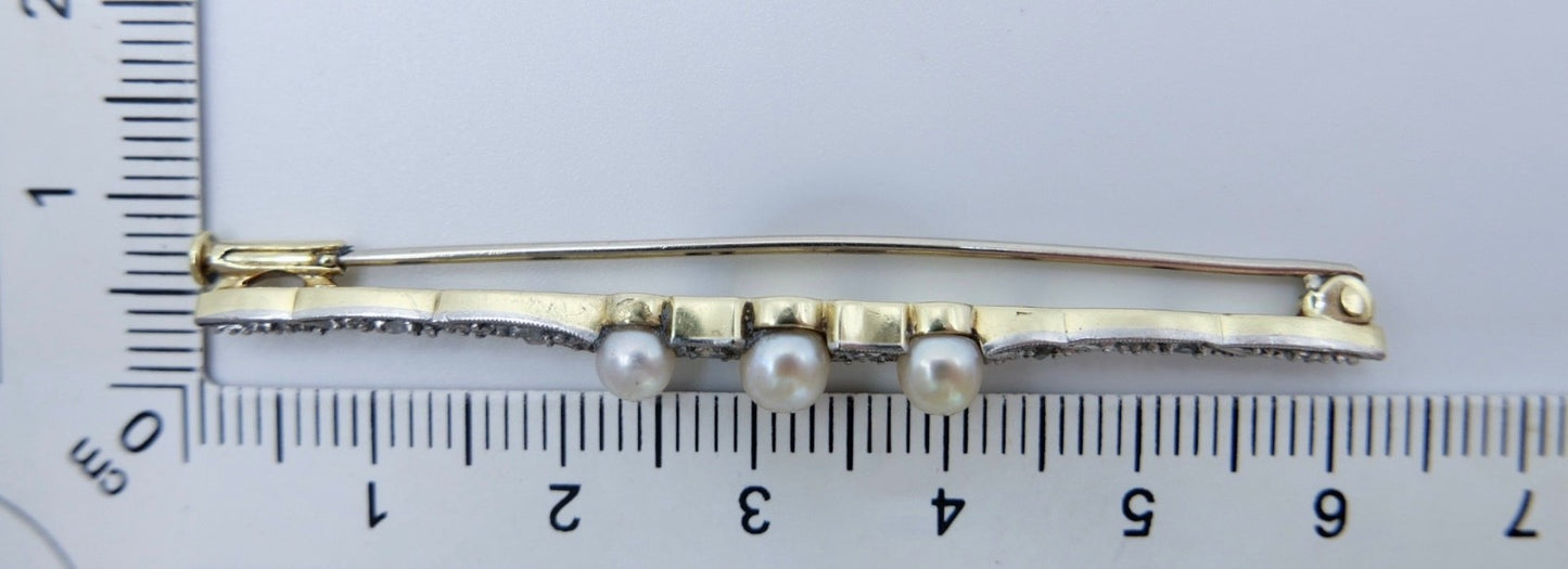 Antike Art Déco Stabbrosche 14k 585 Gold Brosche Perlen 0,17 Ctw Diamanten Rosen