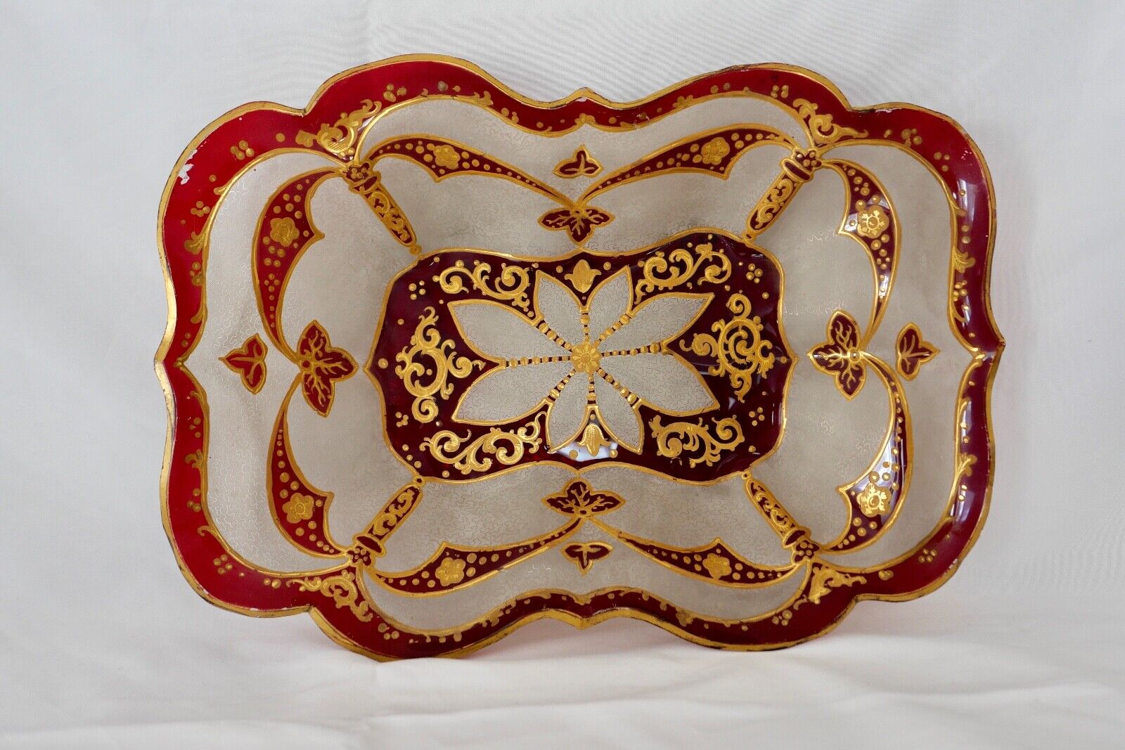 Antike Jugendstil Glasschale um 1900 Rot Gold Handgefertigt Handbemalt 34x23cm