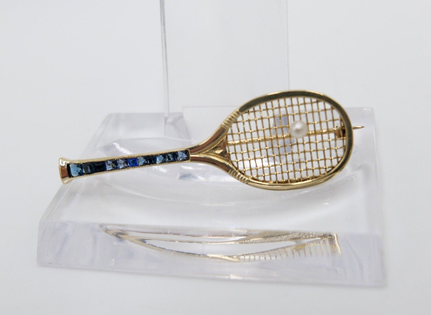 90er Jahre Brosche Tennis Perle Akoya Spinell blau 750 / 18K Stabbrosche 