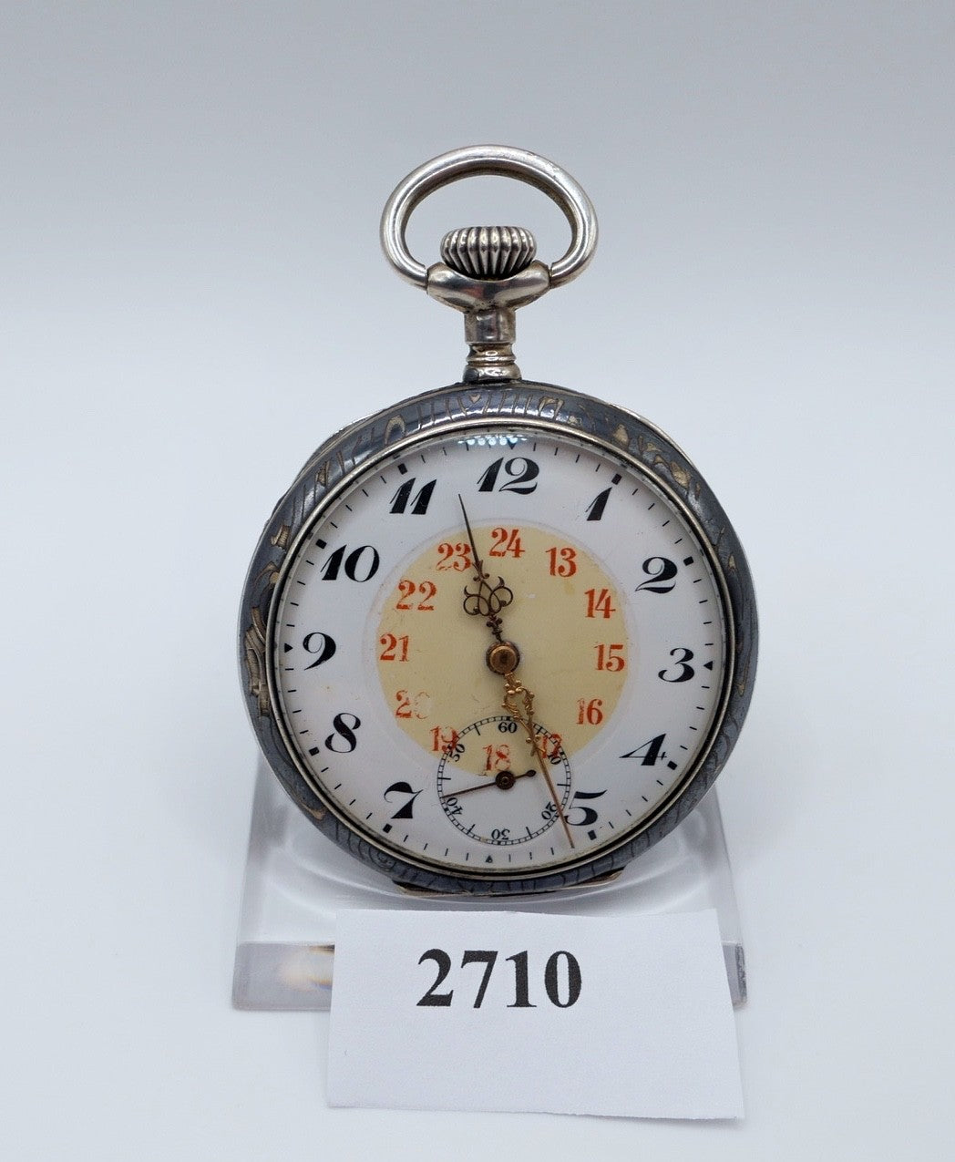Antike Taschenuhr Emaille 50mm open face 800 Silber damasziniert Monogramm FS