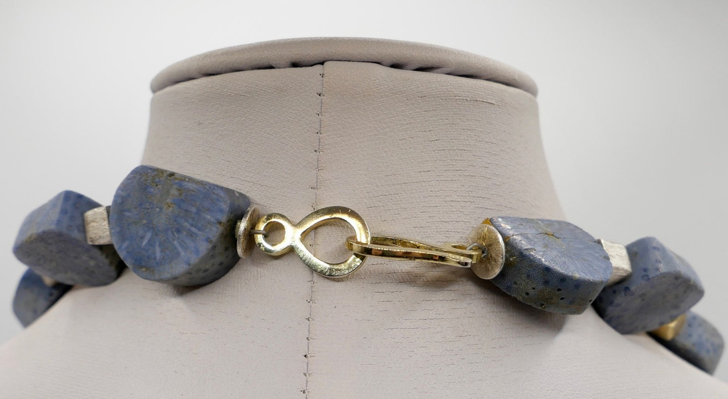 Natürliche blaue Koralle Kette Collier 925 Silber vergoldet Würfel 51 cm