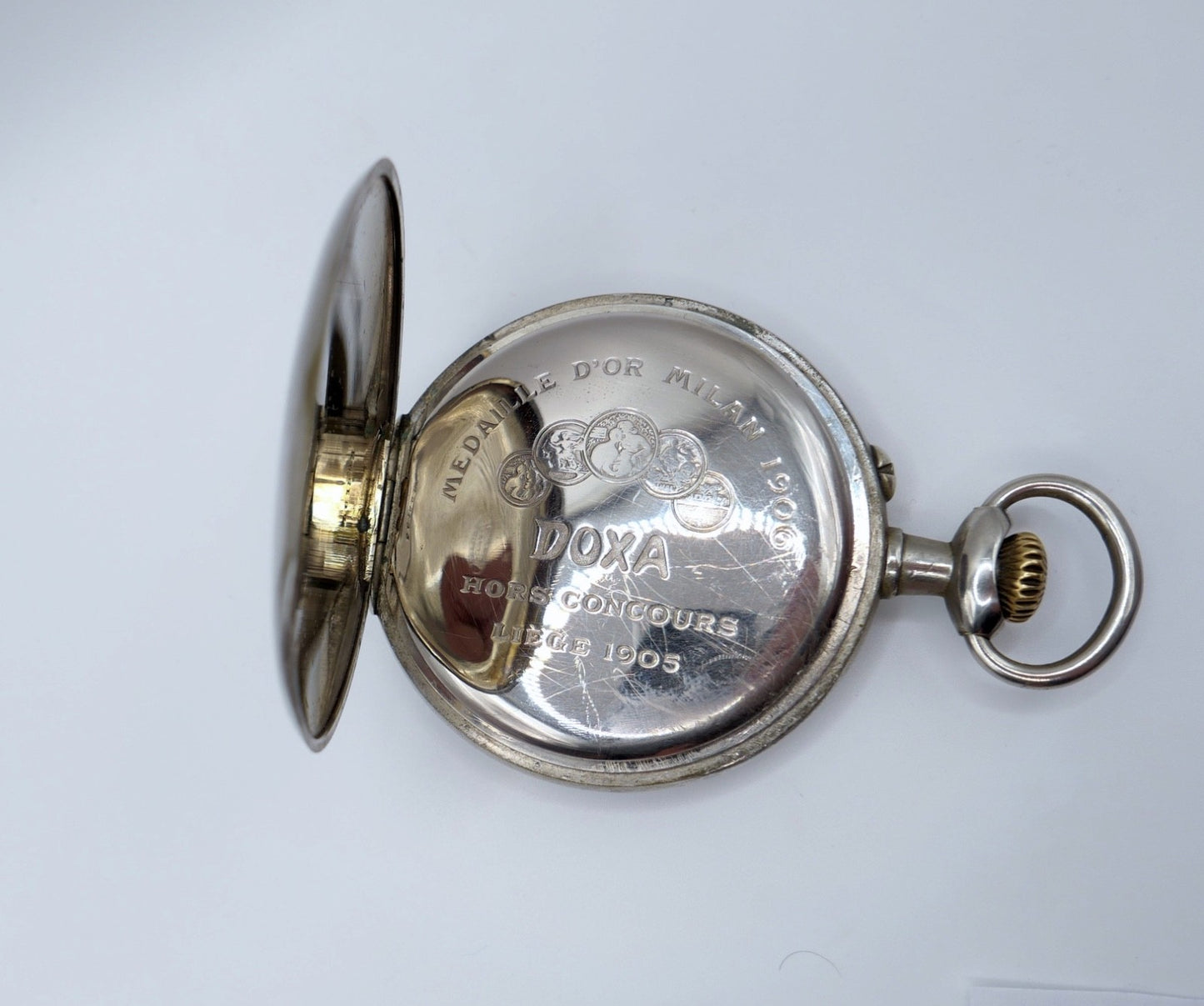 Doxa Anti Magnetique Taschenuhr Goliath 65mm Vintage open face Eisenbahn 1905