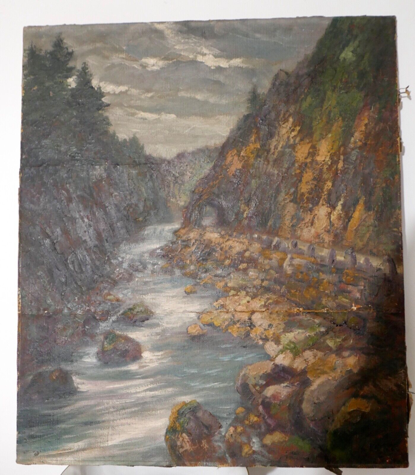 altes Ölgemälde 78x67cm signiert " BERGE BACH " Landschaft