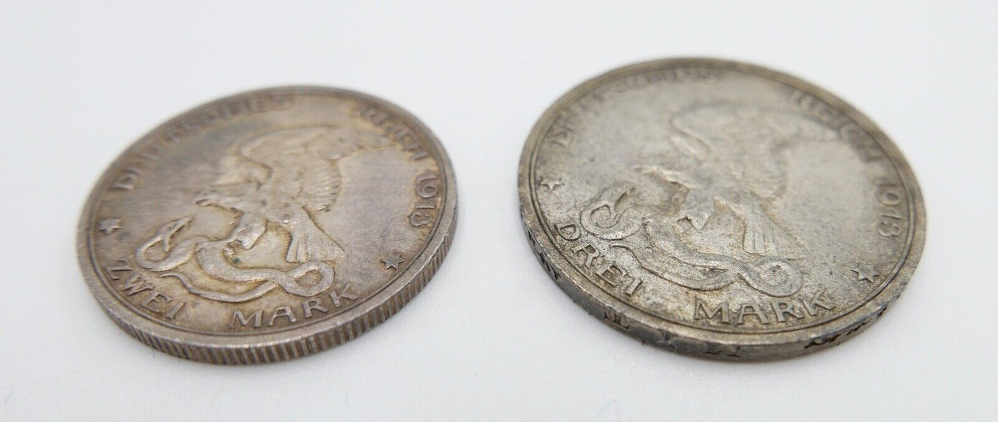 2 & 3 Mark 1913 Preußen Deutsches Reich Coin Münze Jäger 109 110 Der König Rief