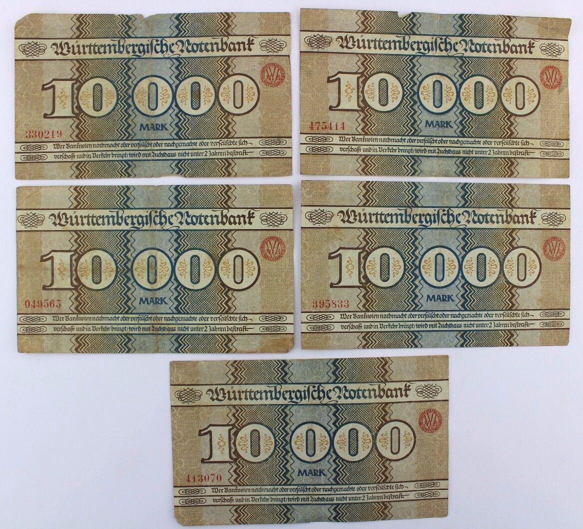 5x WTB 13 Banknote 10000  Mark 1923 old Bill Ro. Württembergische Notenbank