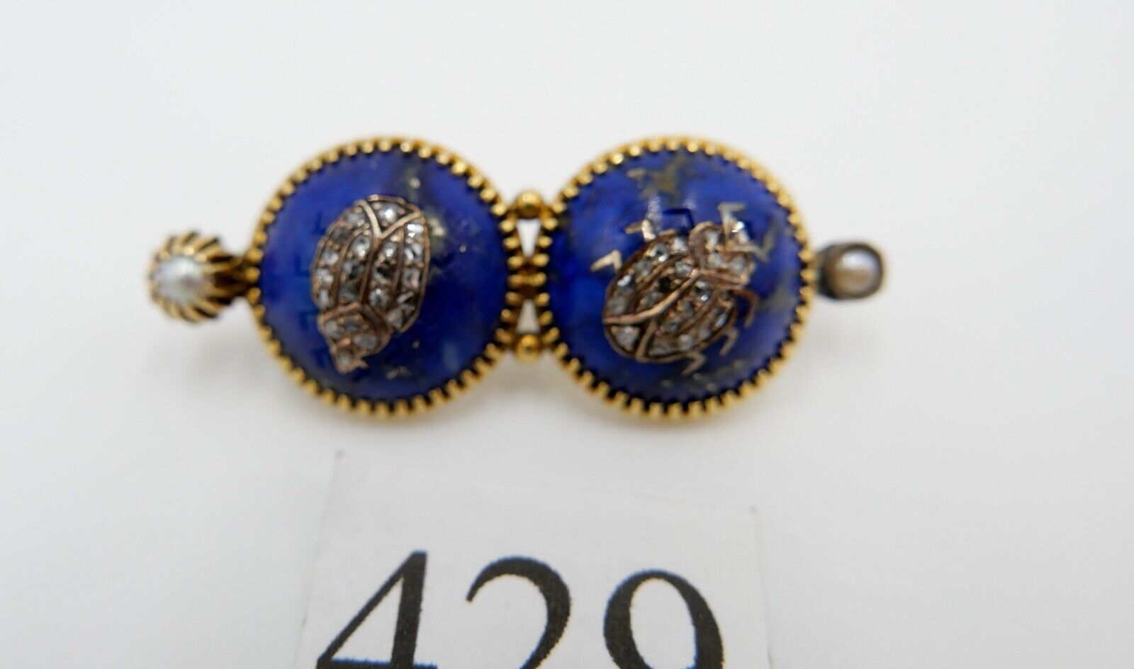 Antike 750 18K Gold Brosche Anstecknadel Perlen Diamanten Lapis Käfer 19. JH