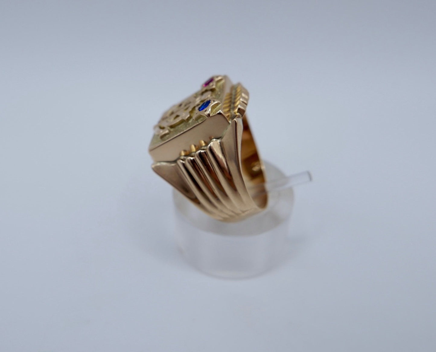 Herrenring 14K Gelbgold Anker Steuerrad Rubin Saphir Nautisch Gr.61 Seefahrt 585