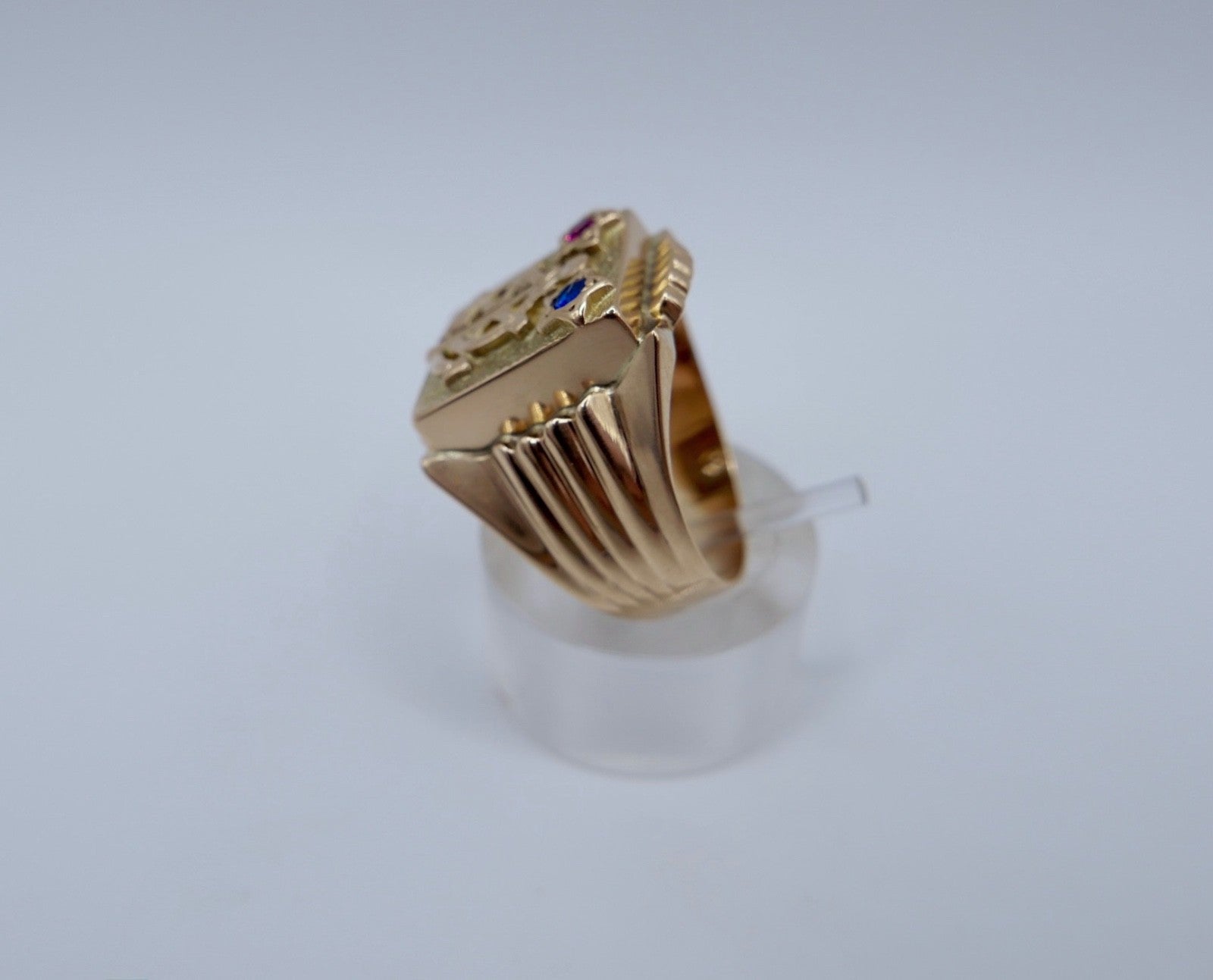 Herrenring 14K Gelbgold Anker Steuerrad Rubin Saphir Nautisch Gr.61 Seefahrt 585