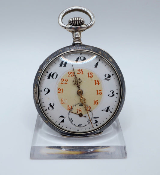 Antike Taschenuhr Emaille 50mm open face 800 Silber damasziniert Monogramm FS