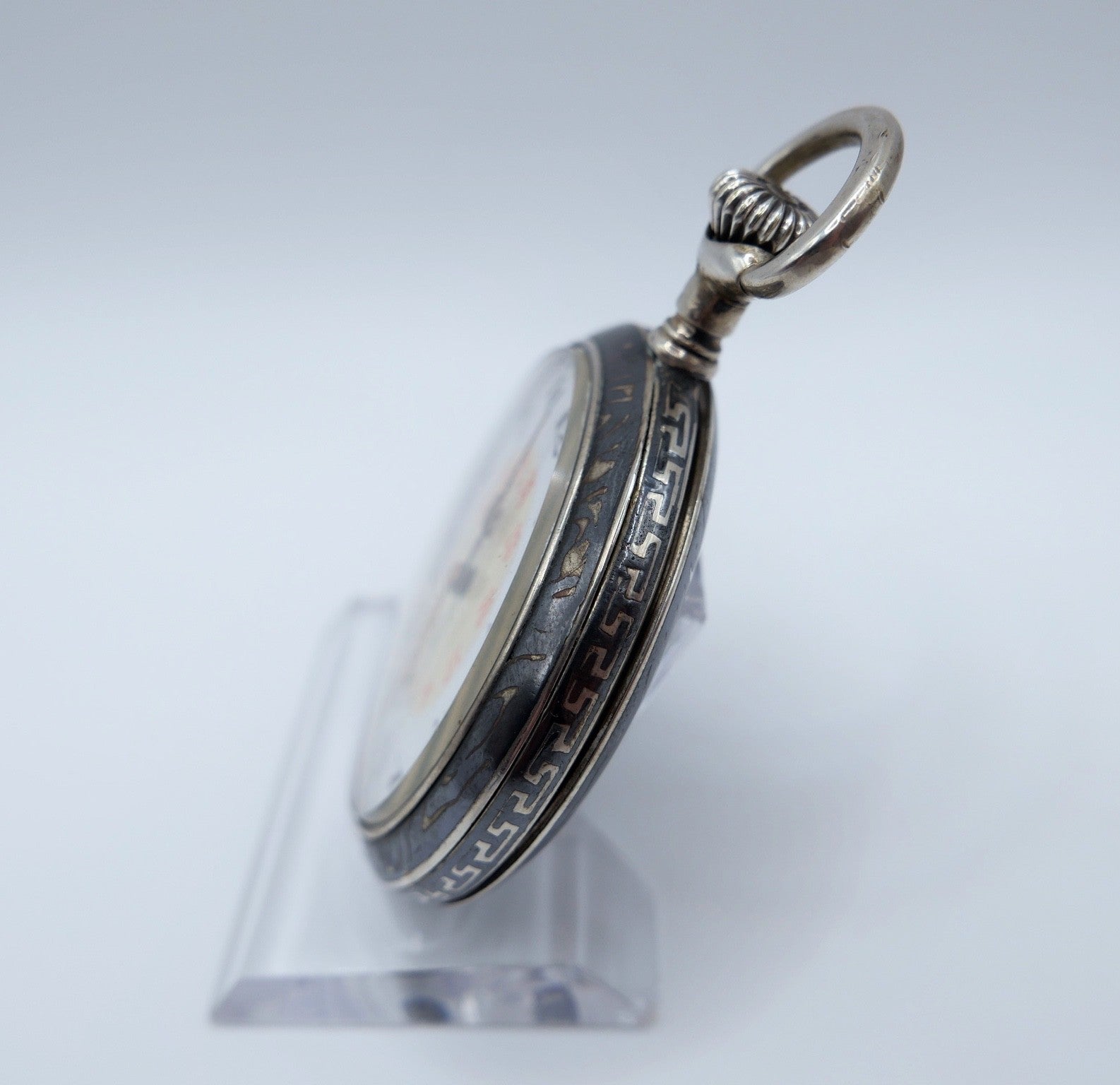 Antike Taschenuhr Emaille 50mm open face 800 Silber damasziniert Monogramm FS