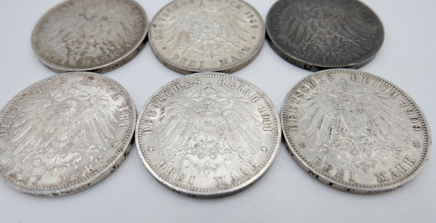  6x 3 Mark 1909 - 1911 Silbermünze Württemberg Wilhelm Jäger 175 & 177a