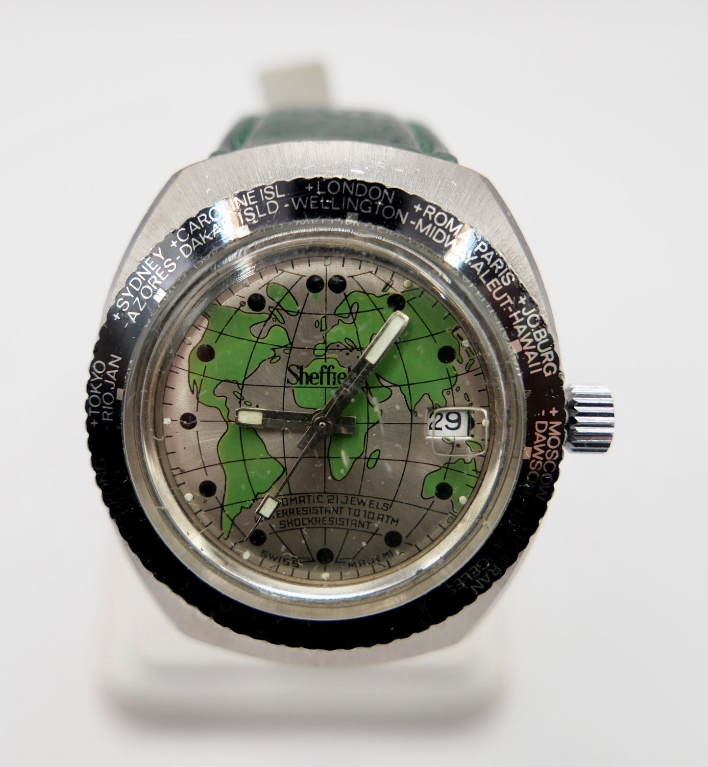 Sheffield Taucheruhr Weltuhr Herren Armbanduhr Automatik mit grünem Zifferblatt