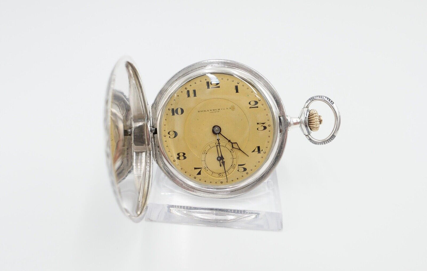 1901-1949 ART DECO SAVONETTE Taschenuhr HAVILA pocket watch Halbmond Krone Silbe