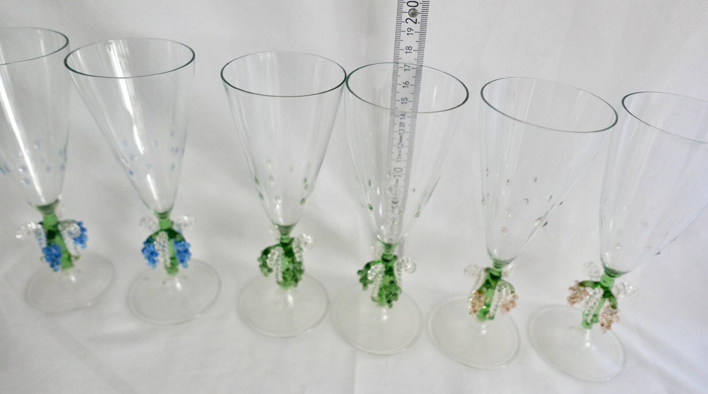 6x Lauscha Bimini Sekt Glas Gläser Set Art Deco 17 cm buntes Traubenmotiv
