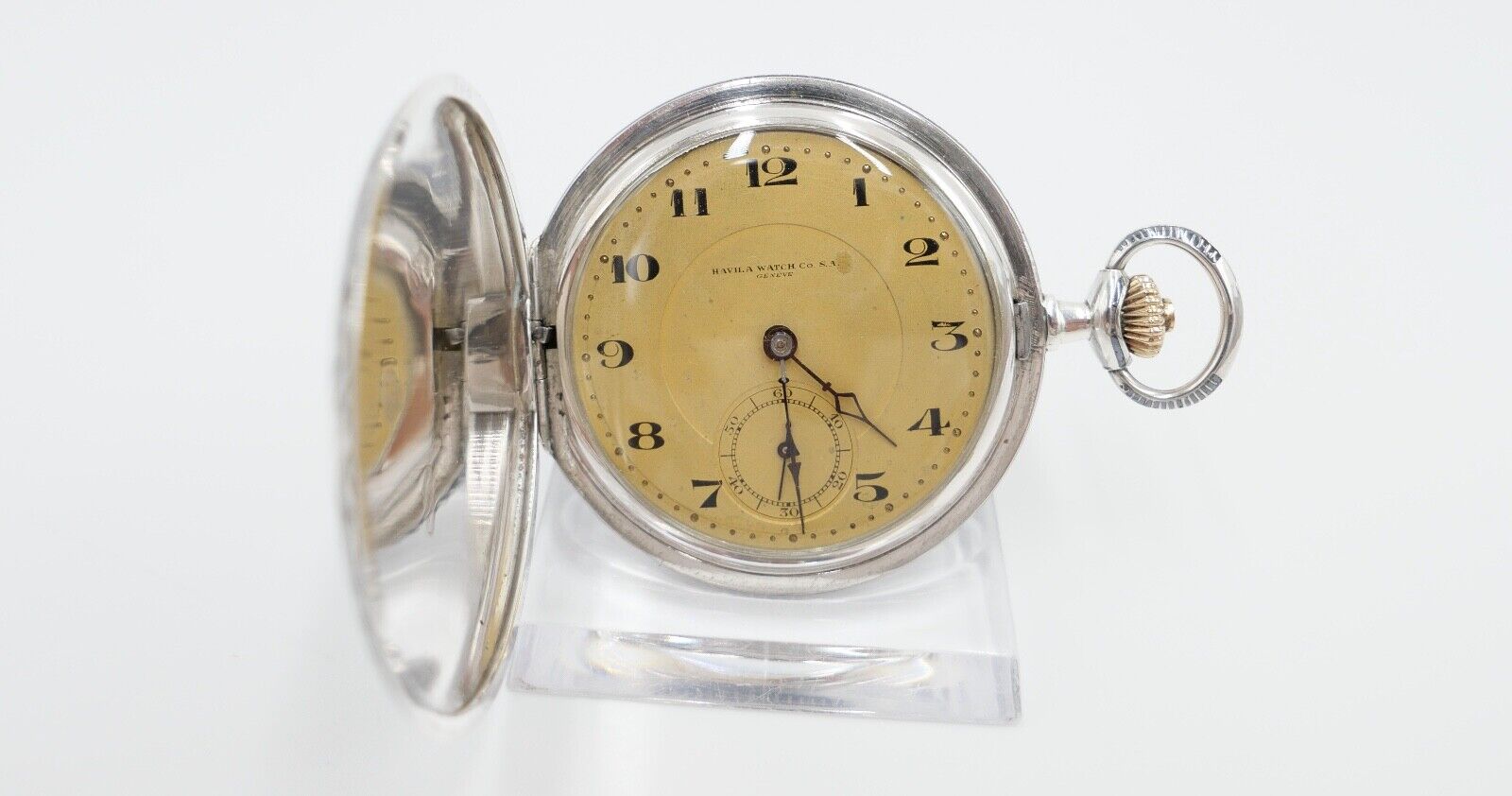 1901-1949 ART DECO SAVONETTE Taschenuhr HAVILA pocket watch Halbmond Krone Silbe