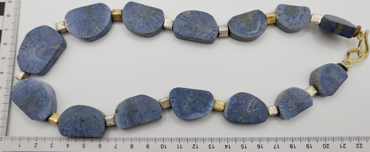 Natürliche blaue Koralle Kette Collier 925 Silber vergoldet Würfel 51 cm
