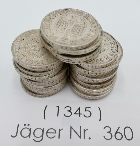 27x 5 Reichsmark 900 Silbermünzen J. 360 Hindenburg 1936 aus Münzrolle