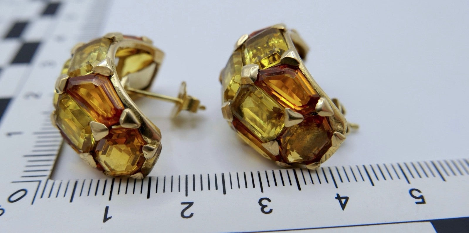 Massive 18k 750 Gold Creolen mit Citrin Ohrringe Gelbgold 1980er