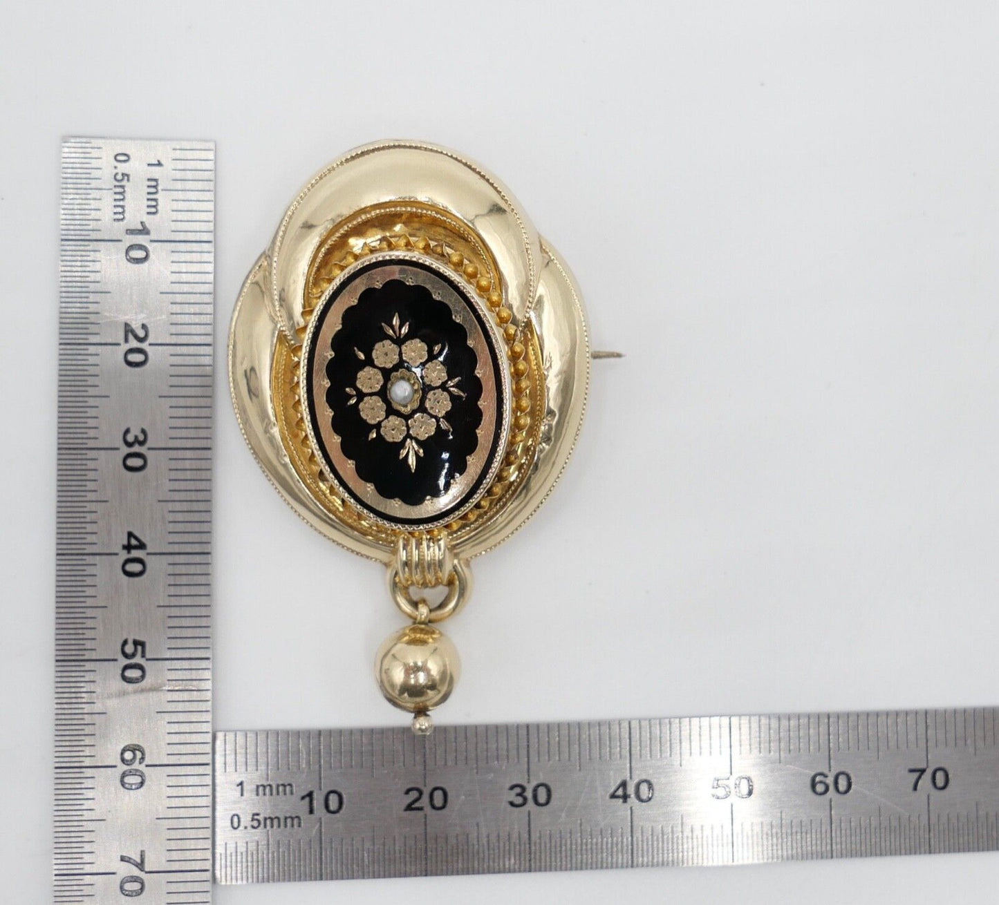 große BIEDERMEIER um 1840 antike Brosche 585 / 14K Schaumgold Saatperle ONYX