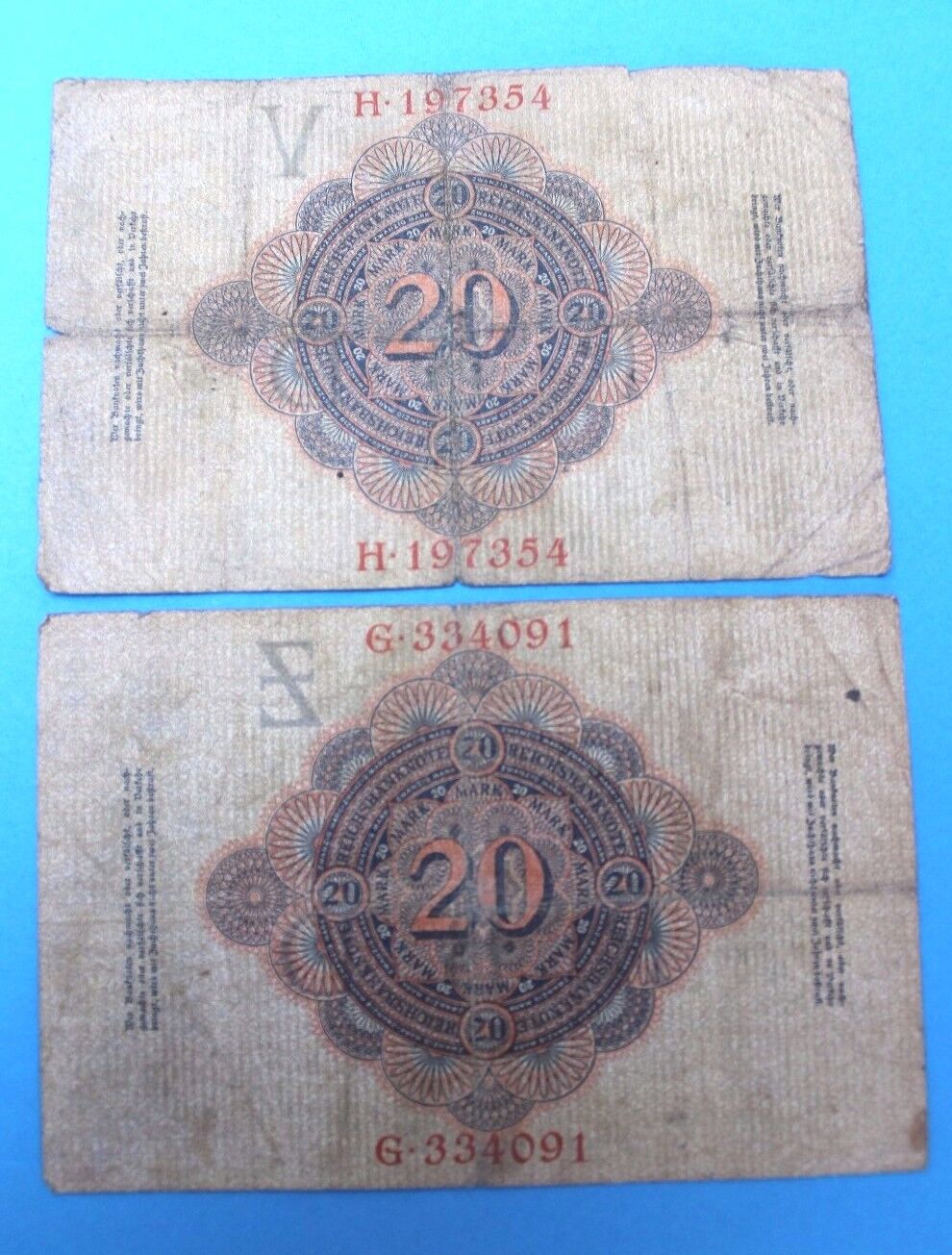 2 x Ro. 40a Banknote 20 Zwanzig Mark 1910 Reichsbanknote old bill  German  