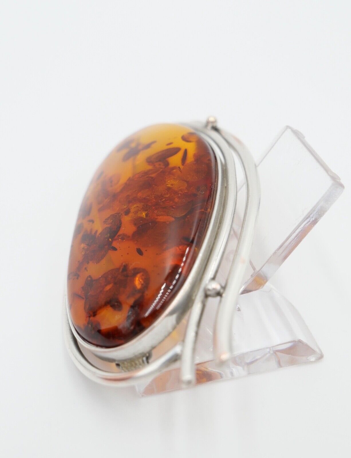 Große alter Bernstein Brosche versilbert Amber 8 cm 