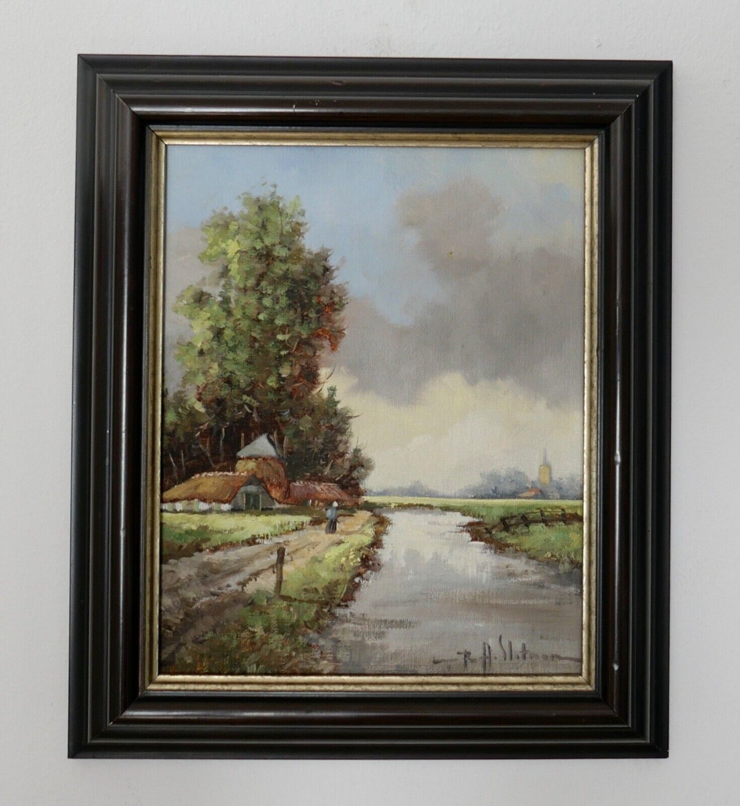 kleines Ölgemälde Niederlande B.H. Slotman Landschaft 32x27cm Leinwand