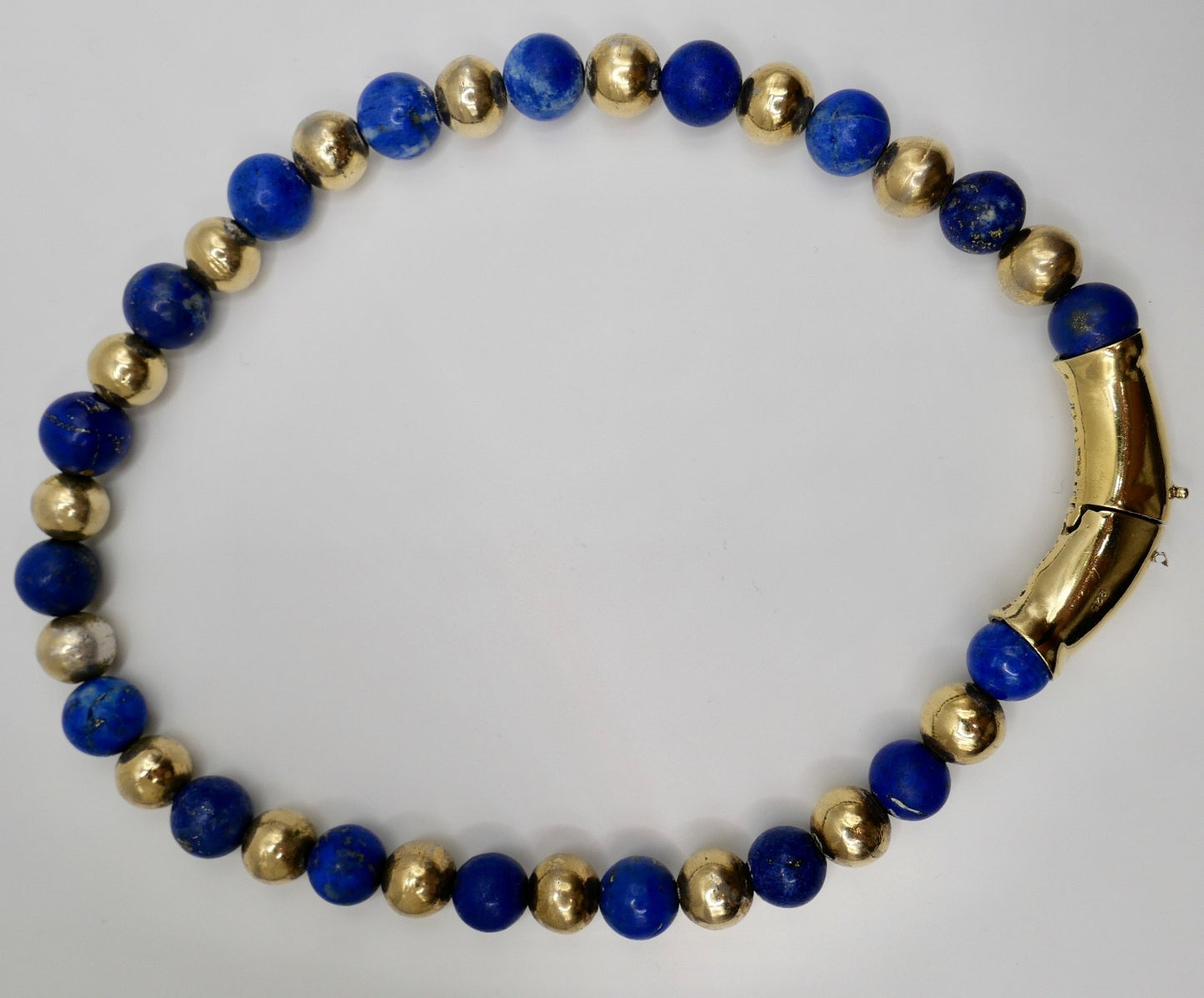 70er Jahre Lapislazuli Lapis Perlen Kugel Kette Collier 925 Silber vergoldet