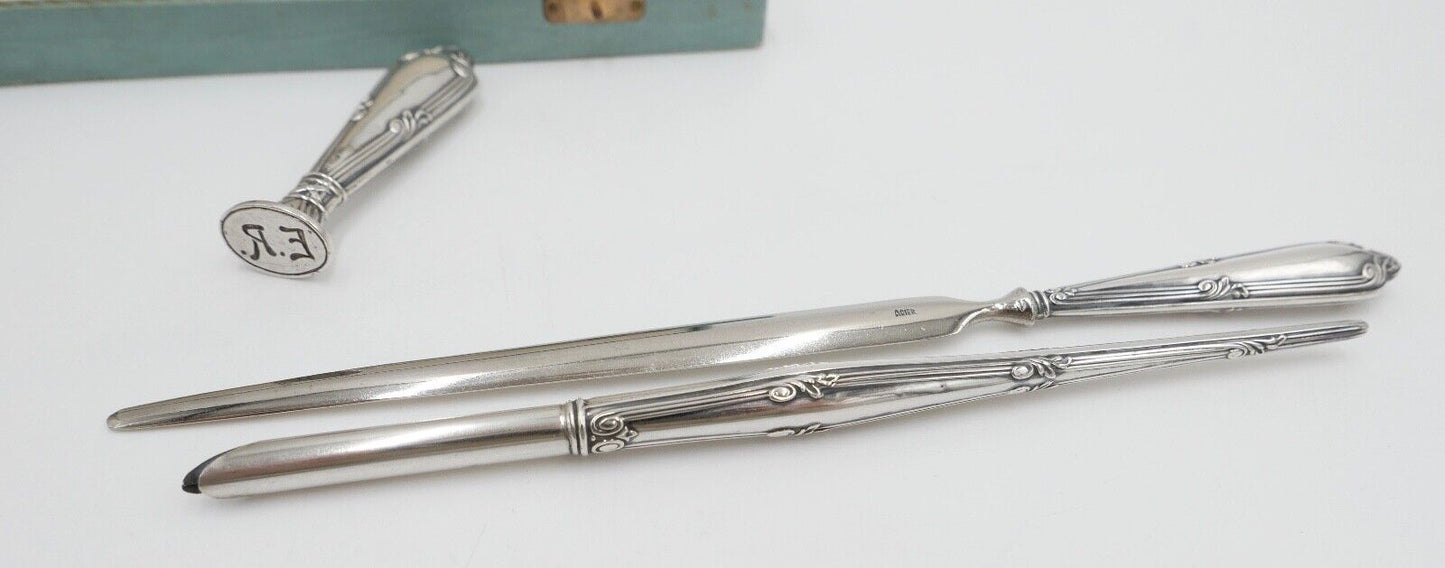 JUGENDSTIL Schreibset um 1900 Set 3 teilig Silber 800 HB Hermann Bauer Etui