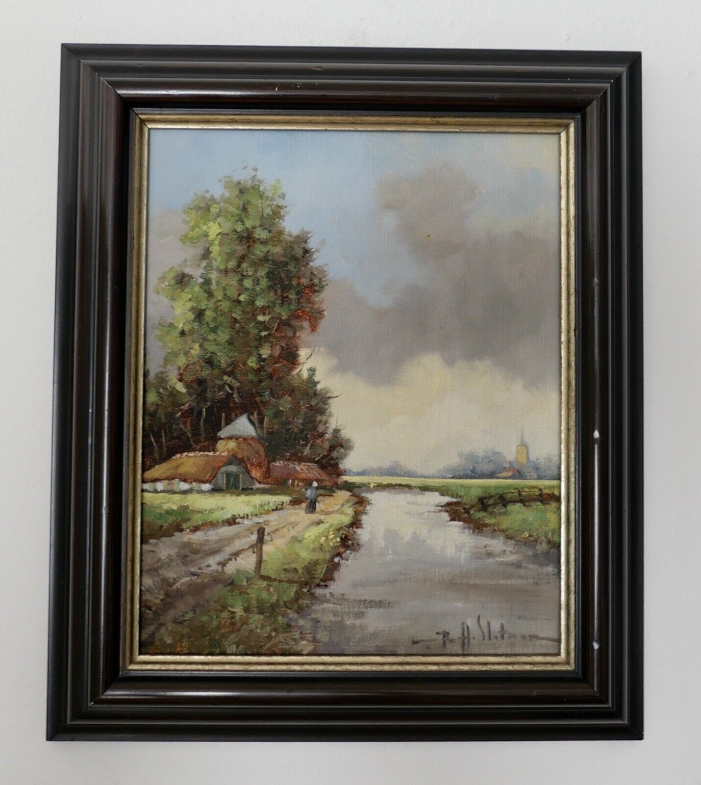 kleines Ölgemälde Niederlande B.H. Slotman Landschaft 32x27cm Leinwand