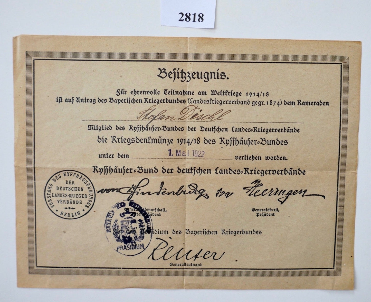 Besitzzeugnis Kyffhäuser-Bund Kriegsdenkmünze 1914/18 Bayern Reuter Hindenburg