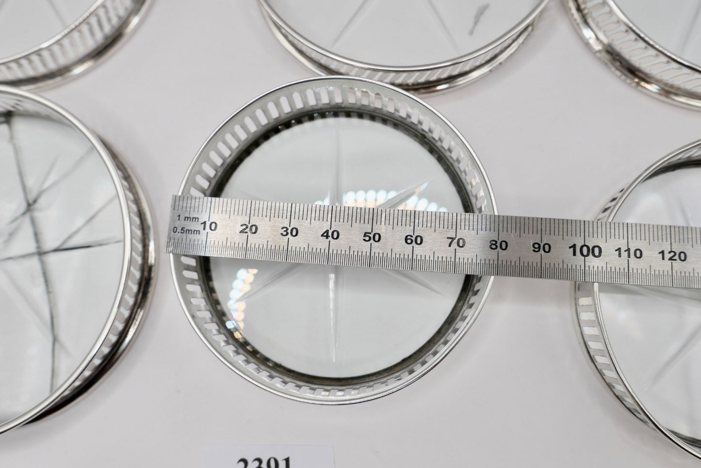 6 Glas Untersetzer Sterling Silber mit Kristall 145B