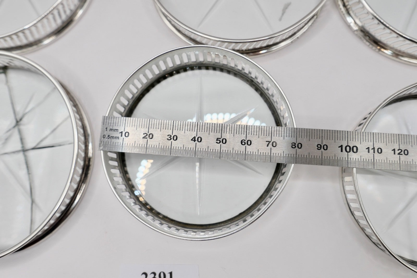 6 Glas Untersetzer Sterling Silber mit Kristall 145B