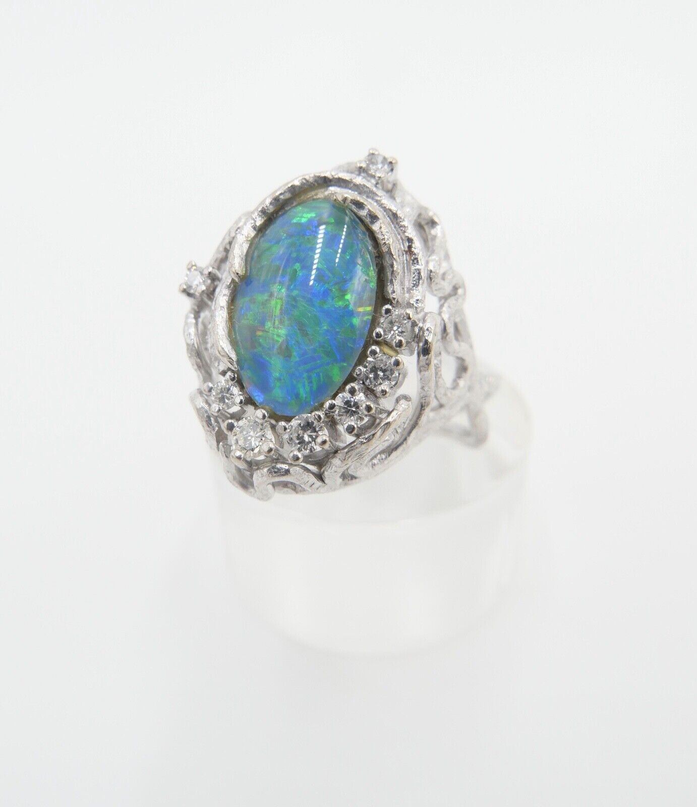 70er Jahre Damenring Brillant Opal Ring Weißgold 585 / 14K Gr. 56